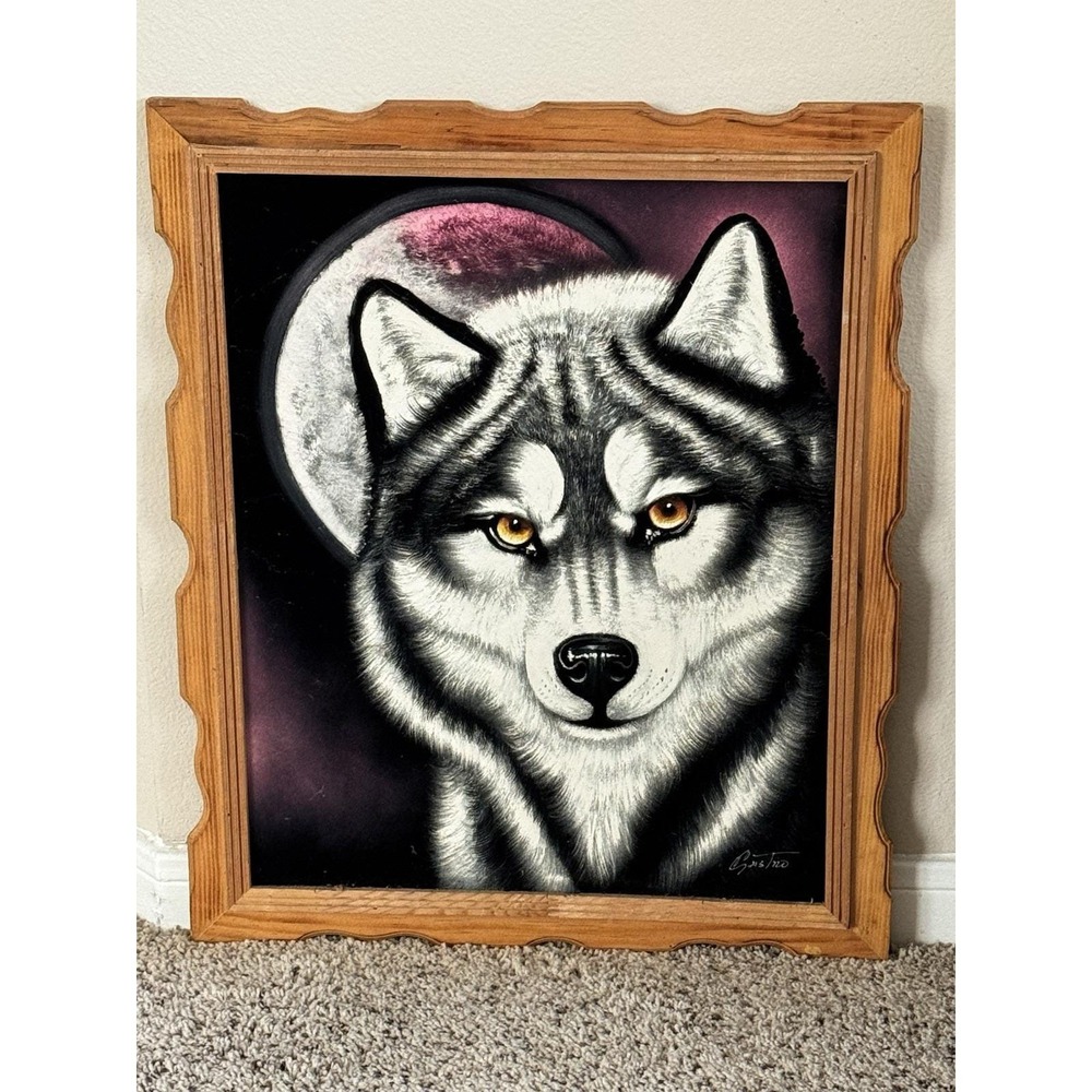 Vintage Oil Painting on Velvet Wolf Mexican Folk Art Velvet Artwork SIGNED 25x19 - Picture 1 of 10